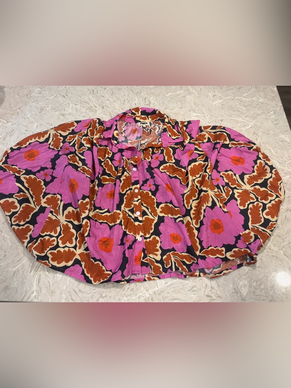 French Connection Purple Pink Floral Balloon Sleeve Button-Down Shirt